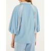 image:imageCHARTOU Women 34 Puff Sleeve Denim Shirt Button Down Lace Patchwork Jean Blouse Casual Oversized TopBlue