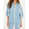 image:imageCHARTOU Women 34 Puff Sleeve Denim Shirt Button Down Lace Patchwork Jean Blouse Casual Oversized TopBlue