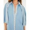 image:imageCHARTOU Women 34 Puff Sleeve Denim Shirt Button Down Lace Patchwork Jean Blouse Casual Oversized TopBlue