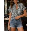 image:imageCHARTOU Women Plaid Summer Tops Ruffle V Neck Short Sleeve Button Down Shirts Casual Work BlousesBlack
