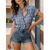 image:imageCHARTOU Women Plaid Summer Tops Ruffle V Neck Short Sleeve Button Down Shirts Casual Work BlousesBlue