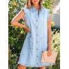 image:imageCHARTOU Women Ruffle Trim Denim Mini Dress Summer Sleeveless Button Down Shirt Jean Dress with PocketsBlue