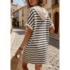 image:imageCHARTOU Womens Striped Hooded TShirt Dress Casual Short Sleeve Zip Up Loose Fit Beach Cover Up Mini Dresses with PocketsBlack