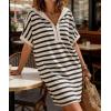 image:imageCHARTOU Womens Striped Hooded TShirt Dress Casual Short Sleeve Zip Up Loose Fit Beach Cover Up Mini Dresses with PocketsBlack