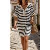 image:imageCHARTOU Womens Striped Hooded TShirt Dress Casual Short Sleeve Zip Up Loose Fit Beach Cover Up Mini Dresses with PocketsNavy