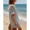 image:imageCHARTOU Womens Striped Hooded TShirt Dress Casual Short Sleeve Zip Up Loose Fit Beach Cover Up Mini Dresses with PocketsNavy