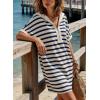 image:imageCHARTOU Womens Striped Hooded TShirt Dress Casual Short Sleeve Zip Up Loose Fit Beach Cover Up Mini Dresses with PocketsNavy