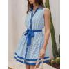 image:imageCHARTOU Womens Summer Sleeveless Belted Short Striped Button Down Shirt Dress with PocketsBlue