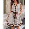 image:imageCHARTOU Womens Summer Sleeveless Belted Short Striped Button Down Shirt Dress with PocketsBrown