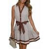 image:imageCHARTOU Womens Summer Sleeveless Belted Short Striped Button Down Shirt Dress with PocketsBrown