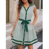 image:imageCHARTOU Womens Summer Sleeveless Belted Short Striped Button Down Shirt Dress with PocketsGreen