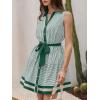 image:imageCHARTOU Womens Summer Sleeveless Belted Short Striped Button Down Shirt Dress with PocketsGreen