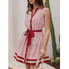 image:imageCHARTOU Womens Summer Sleeveless Belted Short Striped Button Down Shirt Dress with PocketsRed