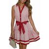 image:imageCHARTOU Womens Summer Sleeveless Belted Short Striped Button Down Shirt Dress with PocketsRed
