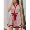 image:imageCHARTOU Womens Summer Sleeveless Belted Short Striped Button Down Shirt Dress with PocketsRed