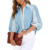 image:imageCHARTOU Women 34 Puff Sleeve Denim Shirt Button Down Lace Patchwork Jean Blouse Casual Oversized TopBlue