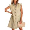 image:imageCHARTOU Women Ruffle Trim Denim Mini Dress Summer Sleeveless Button Down Shirt Jean Dress with PocketsKhaki