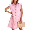 image:imageCHARTOU Women Ruffle Trim Denim Mini Dress Summer Sleeveless Button Down Shirt Jean Dress with PocketsPink