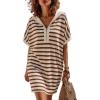 image:imageCHARTOU Womens Striped Hooded TShirt Dress Casual Short Sleeve Zip Up Loose Fit Beach Cover Up Mini Dresses with PocketsBrown