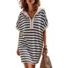 image:imageCHARTOU Womens Striped Hooded TShirt Dress Casual Short Sleeve Zip Up Loose Fit Beach Cover Up Mini Dresses with PocketsNavy