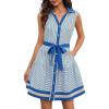 image:imageCHARTOU Womens Summer Sleeveless Belted Short Striped Button Down Shirt Dress with PocketsBlue