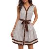 image:imageCHARTOU Womens Summer Sleeveless Belted Short Striped Button Down Shirt Dress with PocketsBrown