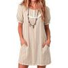 image:imageCHARTOU Womens Summer Striped Shirt Dress Casual Short Sleeve Ruffle Neck Loose Shift Mini Dress with Pockets for VacationKhaki
