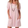 image:imageCHARTOU Womens Summer Striped Shirt Dress Casual Short Sleeve Ruffle Neck Loose Shift Mini Dress with Pockets for VacationPink