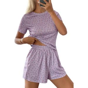 image:imageCHARTOU 2 Piece Lounge Sets for Women Summer Y2k Crop Tshirt Floral Shorts Set Matching Vacation OutfitsPurple