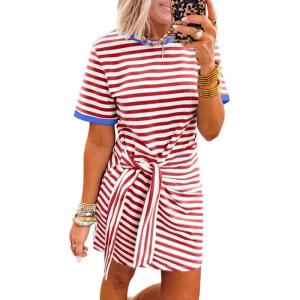 image:imageCHARTOU Striped Wrap Dress for Women Short Sleeve Tie Waist Tshirt Dress with Contrast Trim for Summer OutfitsRed