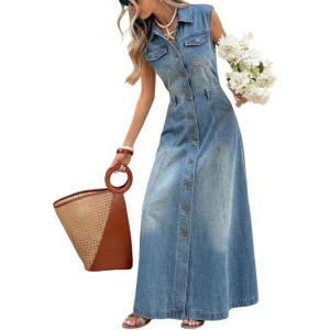 image:imageCHARTOU Women Denim Maxi Long Dress Flowy Button Down Sleeveless Polka Dot Jean Shirt DressBlue