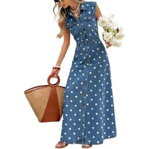 image:imageCHARTOU Women Denim Maxi Long Dress Flowy Button Down Sleeveless Polka Dot Jean Shirt DressPink
