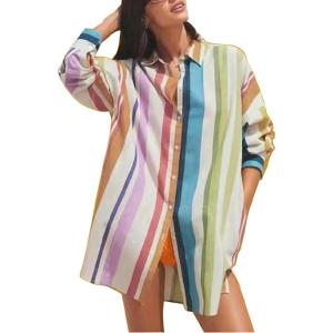 image:imageCHARTOU Women Oversized Shirt Dress Button Down Multi Striped Blouse Mini Beach SundressStriped