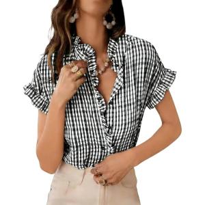 image:imageCHARTOU Women Plaid Summer Tops Ruffle V Neck Short Sleeve Button Down Shirts Casual Work BlousesBlack