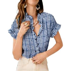 image:imageCHARTOU Women Plaid Summer Tops Ruffle V Neck Short Sleeve Button Down Shirts Casual Work BlousesBlue