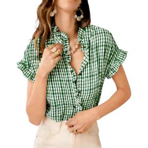 image:imageCHARTOU Women Plaid Summer Tops Ruffle V Neck Short Sleeve Button Down Shirts Casual Work BlousesGreen