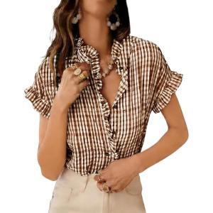 image:imageCHARTOU Women Plaid Summer Tops Ruffle V Neck Short Sleeve Button Down Shirts Casual Work BlousesKhaki