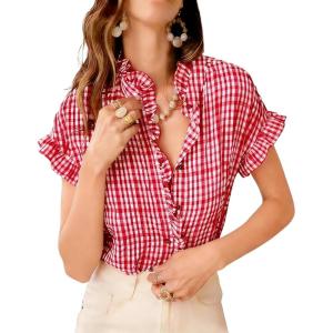 image:imageCHARTOU Women Plaid Summer Tops Ruffle V Neck Short Sleeve Button Down Shirts Casual Work BlousesRed