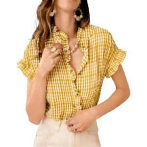 image:imageCHARTOU Women Plaid Summer Tops Ruffle V Neck Short Sleeve Button Down Shirts Casual Work BlousesYellow