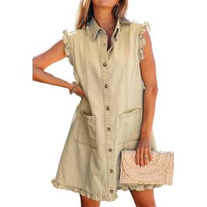 image:imageCHARTOU Women Ruffle Trim Denim Mini Dress Summer Sleeveless Button Down Shirt Jean Dress with PocketsKhaki