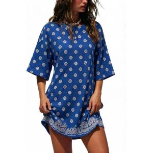 image:imageCHARTOU Womens Casual TShirt Dress Boho Paisley Print Short Sleeve Loose Fit Mini Dress for Beach Vacation SummerBlue