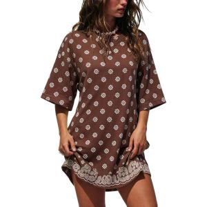image:imageCHARTOU Womens Casual TShirt Dress Boho Paisley Print Short Sleeve Loose Fit Mini Dress for Beach Vacation SummerBrown