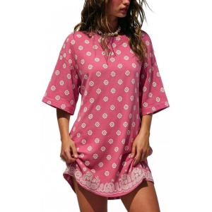 image:imageCHARTOU Womens Casual TShirt Dress Boho Paisley Print Short Sleeve Loose Fit Mini Dress for Beach Vacation SummerPink