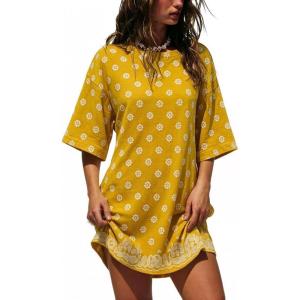 image:imageCHARTOU Womens Casual TShirt Dress Boho Paisley Print Short Sleeve Loose Fit Mini Dress for Beach Vacation SummerYellow