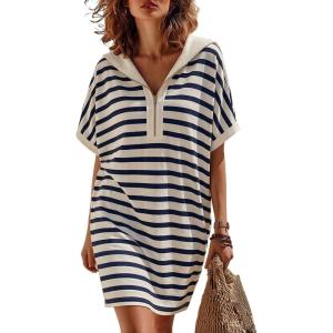 image:imageCHARTOU Womens Striped Hooded TShirt Dress Casual Short Sleeve Zip Up Loose Fit Beach Cover Up Mini Dresses with PocketsNavy