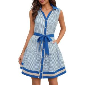 image:imageCHARTOU Womens Summer Sleeveless Belted Short Striped Button Down Shirt Dress with PocketsBlue
