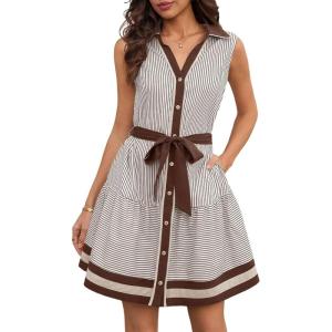 image:imageCHARTOU Womens Summer Sleeveless Belted Short Striped Button Down Shirt Dress with PocketsBrown