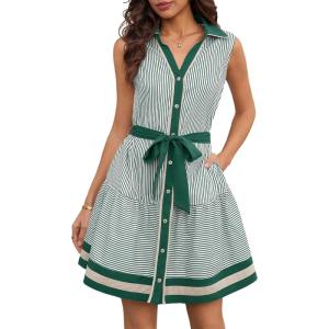 image:imageCHARTOU Womens Summer Sleeveless Belted Short Striped Button Down Shirt Dress with PocketsGreen