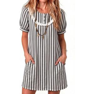 image:imageCHARTOU Womens Summer Striped Shirt Dress Casual Short Sleeve Ruffle Neck Loose Shift Mini Dress with Pockets for VacationBlack