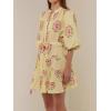 image:imageCHARTOU Floral Cotton Linen Dress Women Summer Puff Sleeve Button Down Wrap Tie Waist Shirt Dress with BeltYellow
